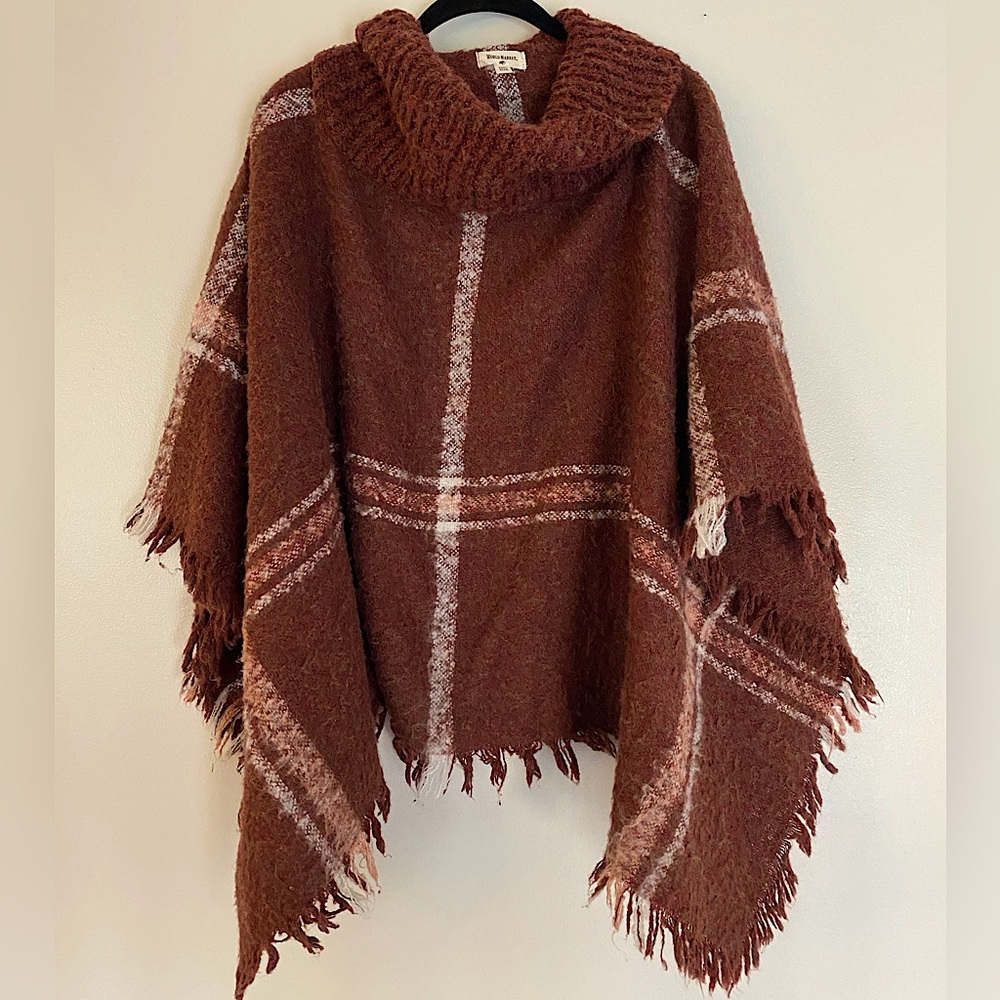 Burgundy Cowl Neck Poncho with Plaid- World Market